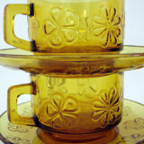 4 large amber yellow glass cups, floral décor, Daisy Vereco France, vintage 70s