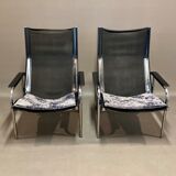 Pair of reclining relax armchairs black leather design 1960