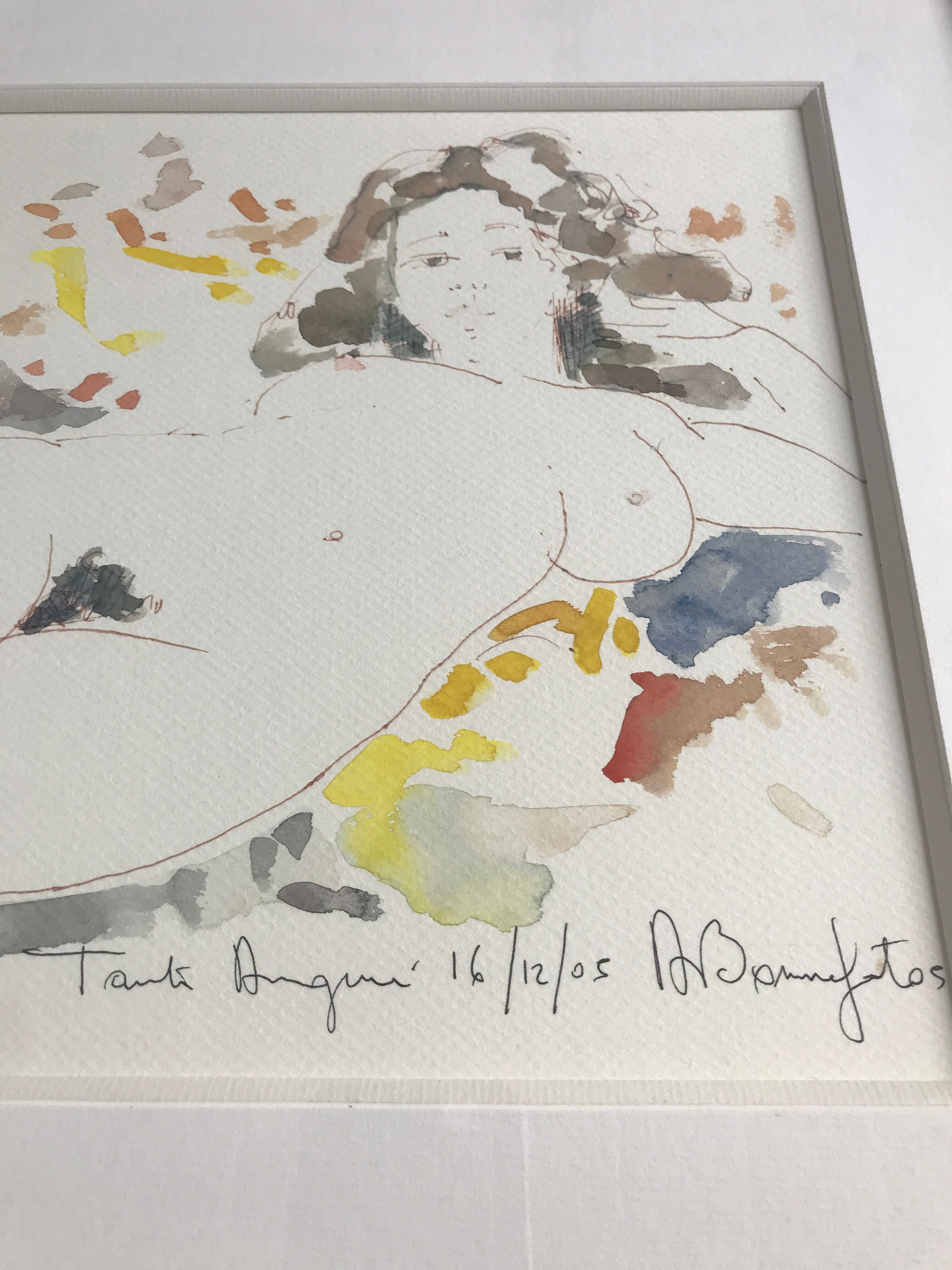 Watercolor in colors signed by alain bonnefoit, nude elongated, 2015