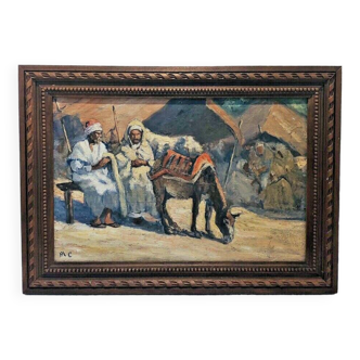 Orientalist painting early 20th: The Tuaregs monogrammed MC