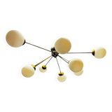 Post-Modern Sputnik Chandelier in Brass and Opaline Glass, Italy, 1980