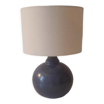 Blue stoneware lamp signed lampshade linen weft