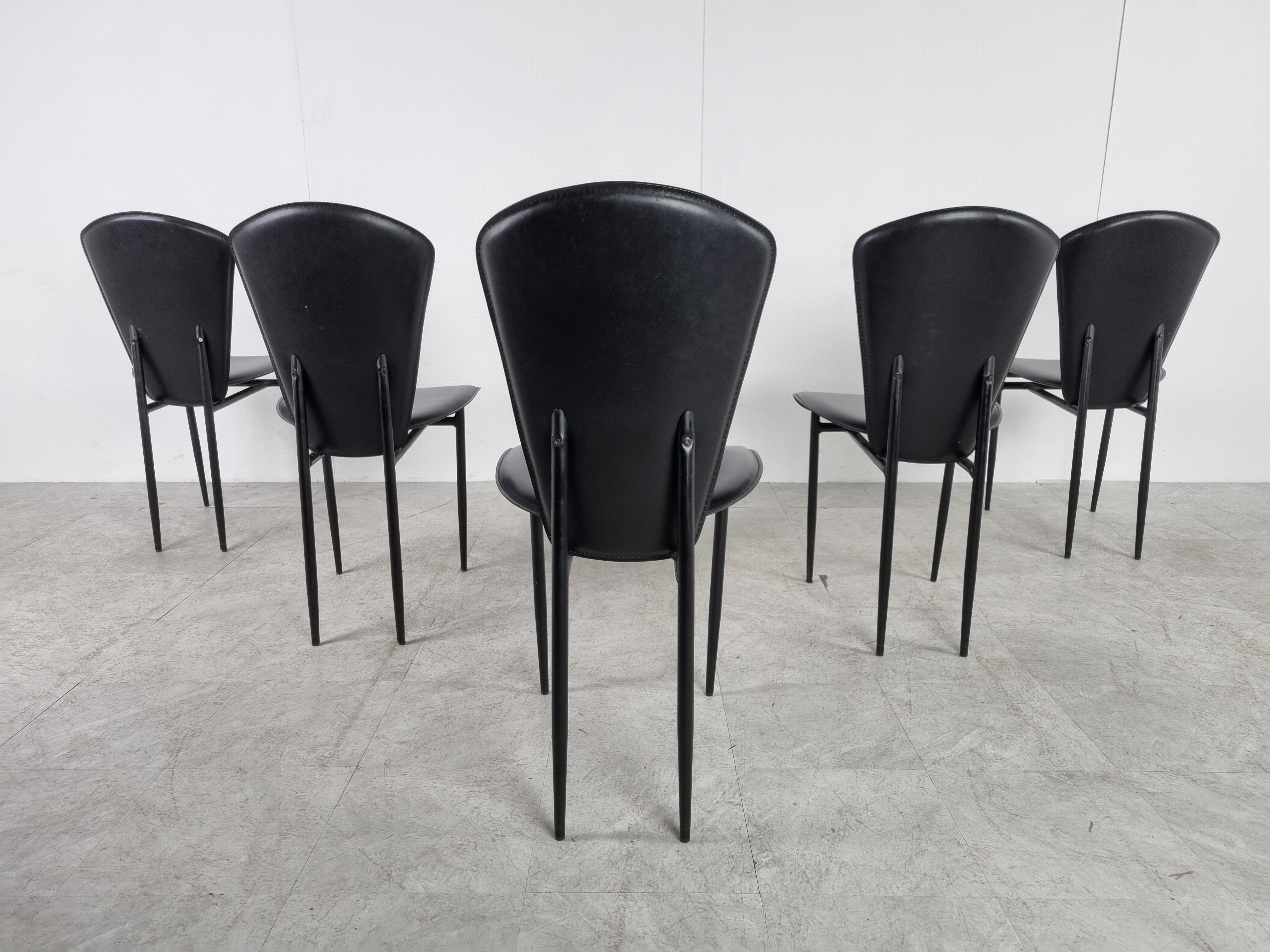 Vintage black leather dining chairs, set of 6, 1980s