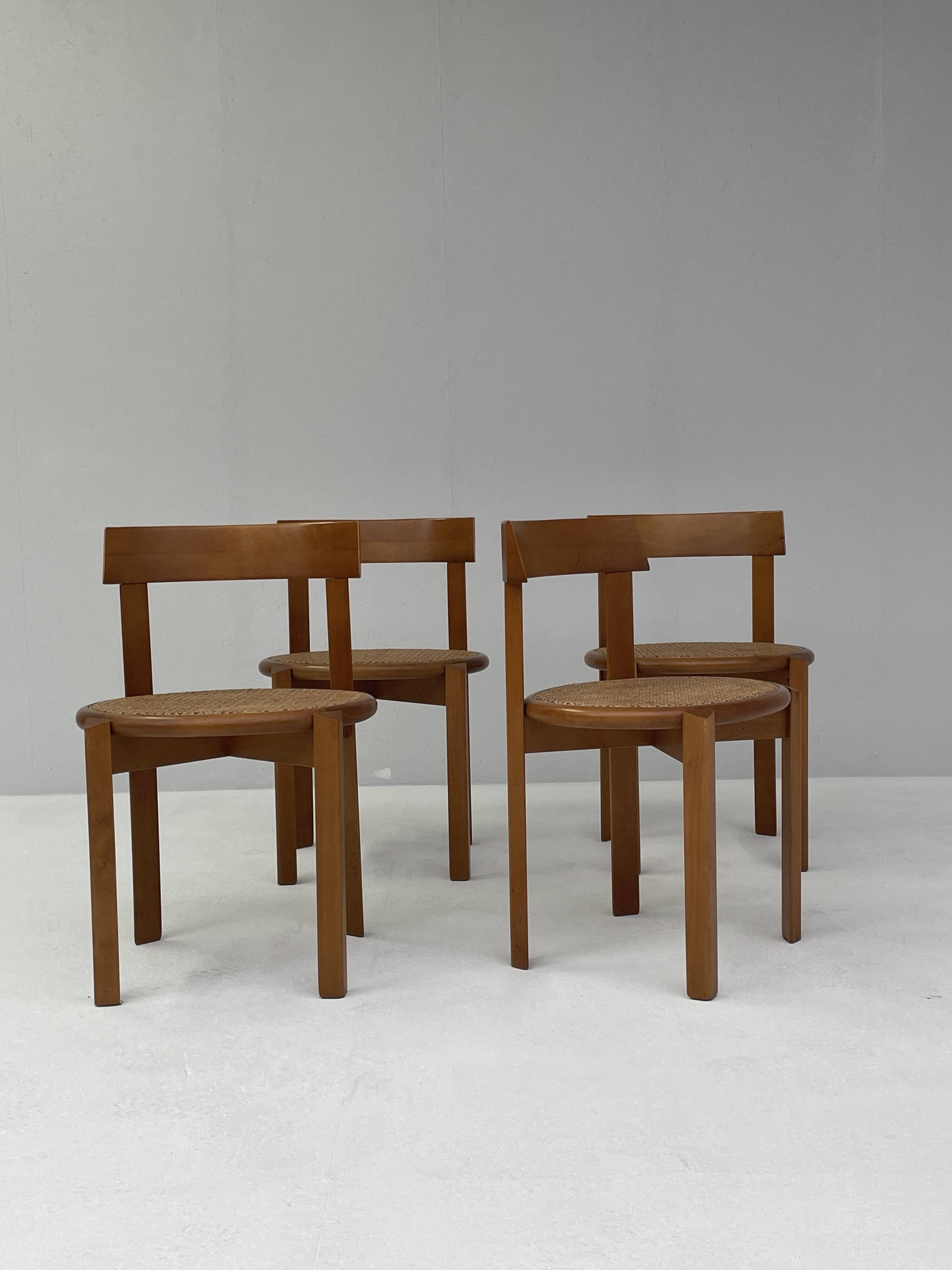 4 Italian wooden dining chairs with rattan seating