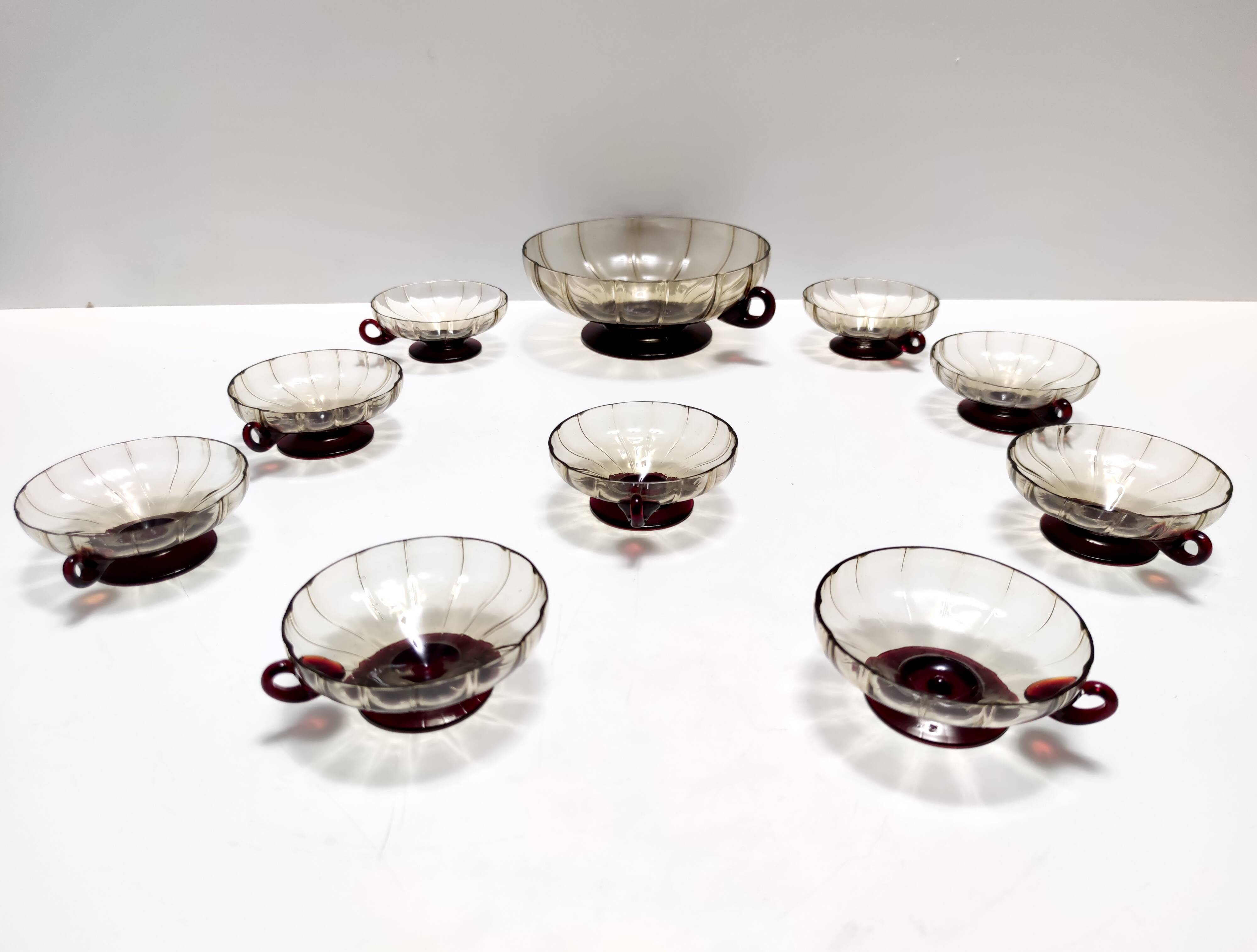 Set of Ten Smoked and Crimson Murano Glass Dessert Bowls in the style of Ze