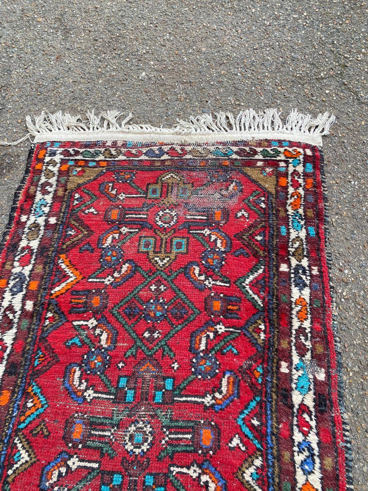 Handmade long hallway rug in burgundy wool, 75x200