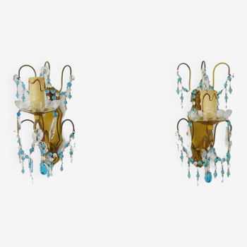 Pair of vintage bronze wall lights, blue and transparent pendants. 60s