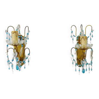 Pair of vintage bronze wall lights, blue and transparent pendants. 60s