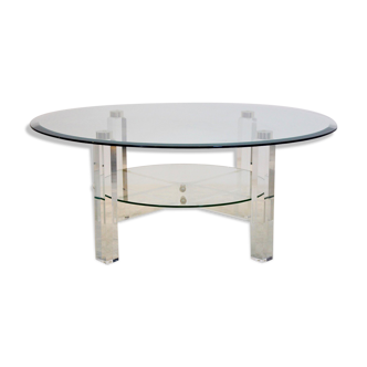 Table basse en lucite, laiton & verre, Belgique 1970