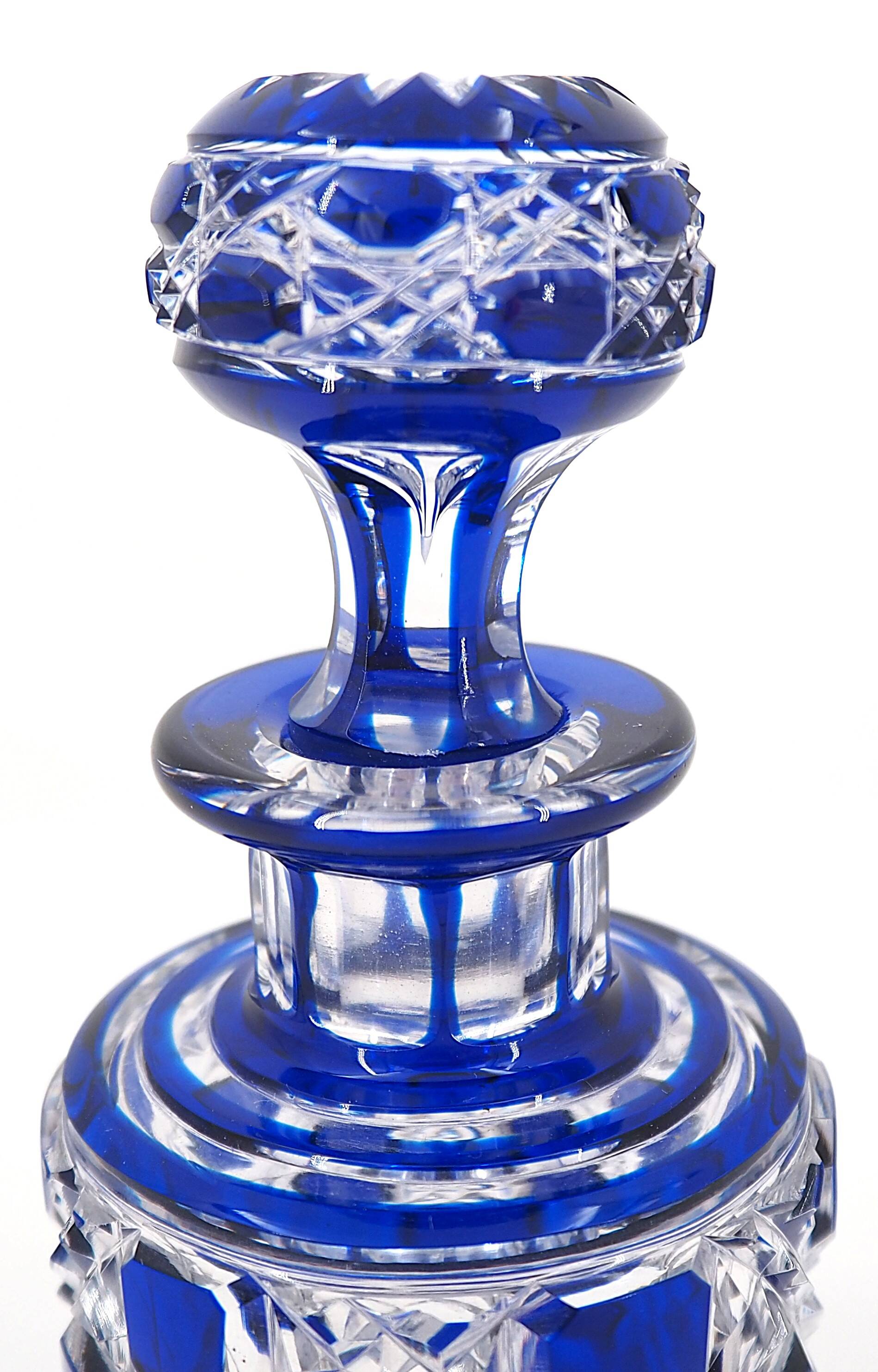 Baccarat, cut crystal bottle, blue lined, diamond gemstones, 14.8 cm.