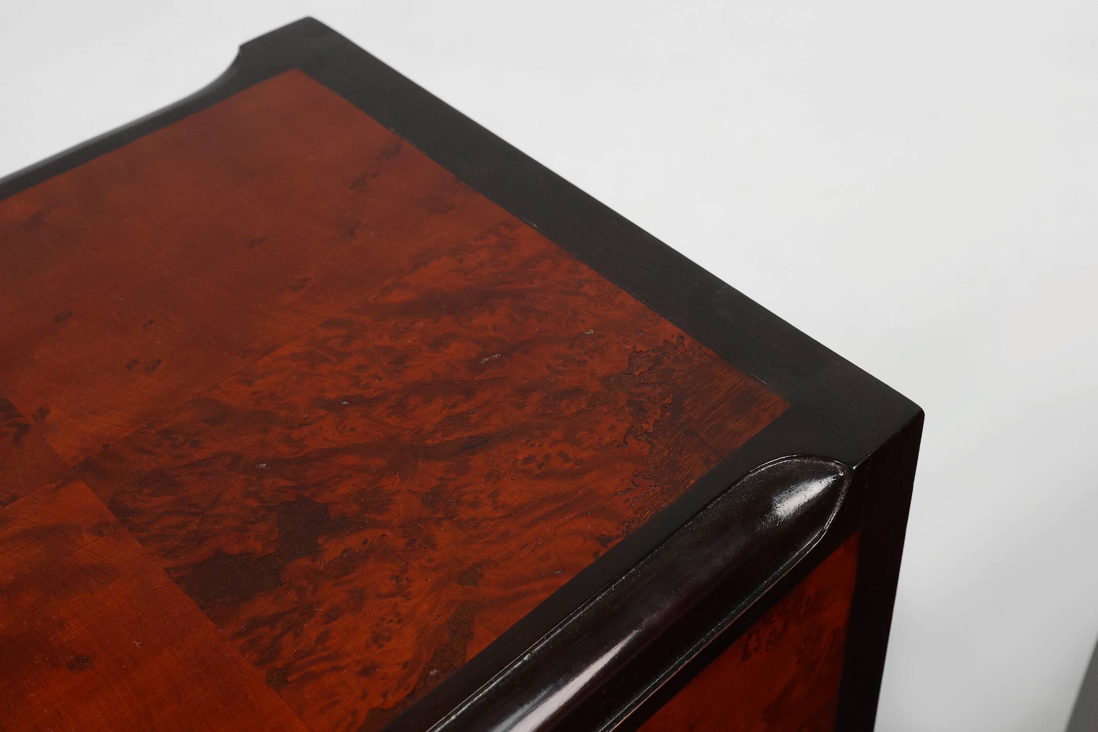Pair of Art Deco nightstands in burl veneer, oak and copper, France ca. 1910