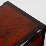 Pair of Art Deco nightstands in burl veneer, oak and copper, France ca. 1910