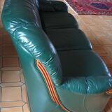 Sofa 3 seater green leather & wood
