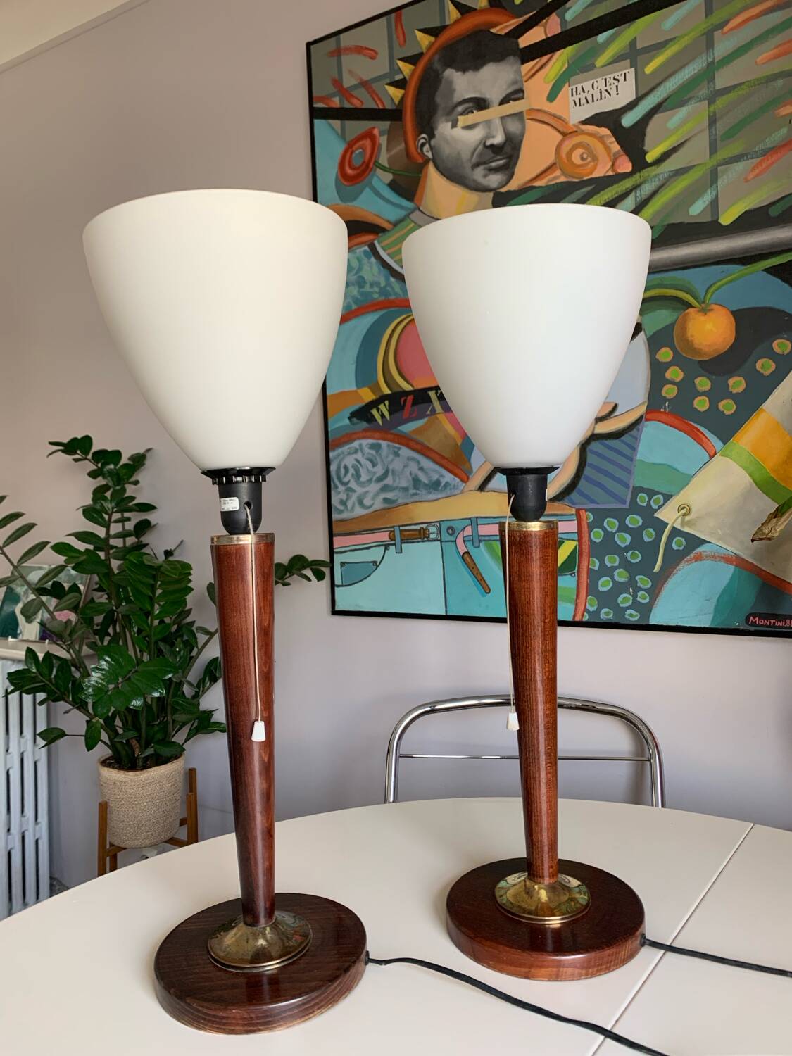 Pair of wooden and white opaline foot lamps