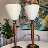 Pair of wooden and white opaline foot lamps