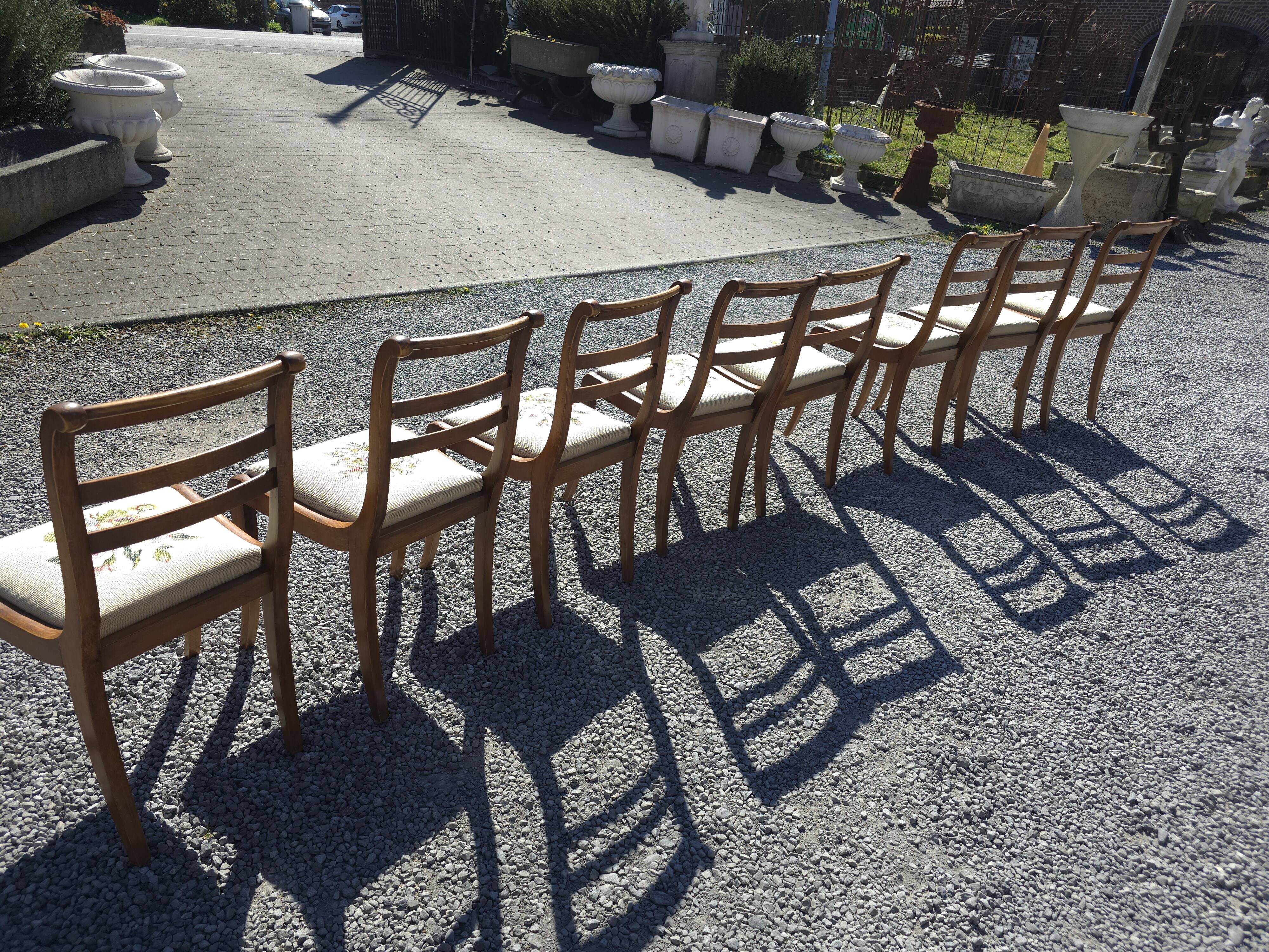 8 cherry wood chairs with embroidered seats