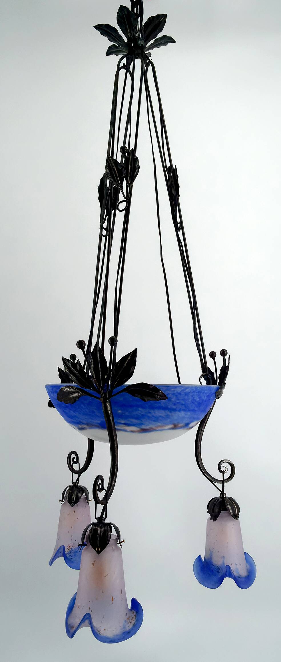 Wrought Iron and Blue Glass Paste Chandelier, Art Deco, France