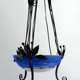Wrought Iron and Blue Glass Paste Chandelier, Art Deco, France