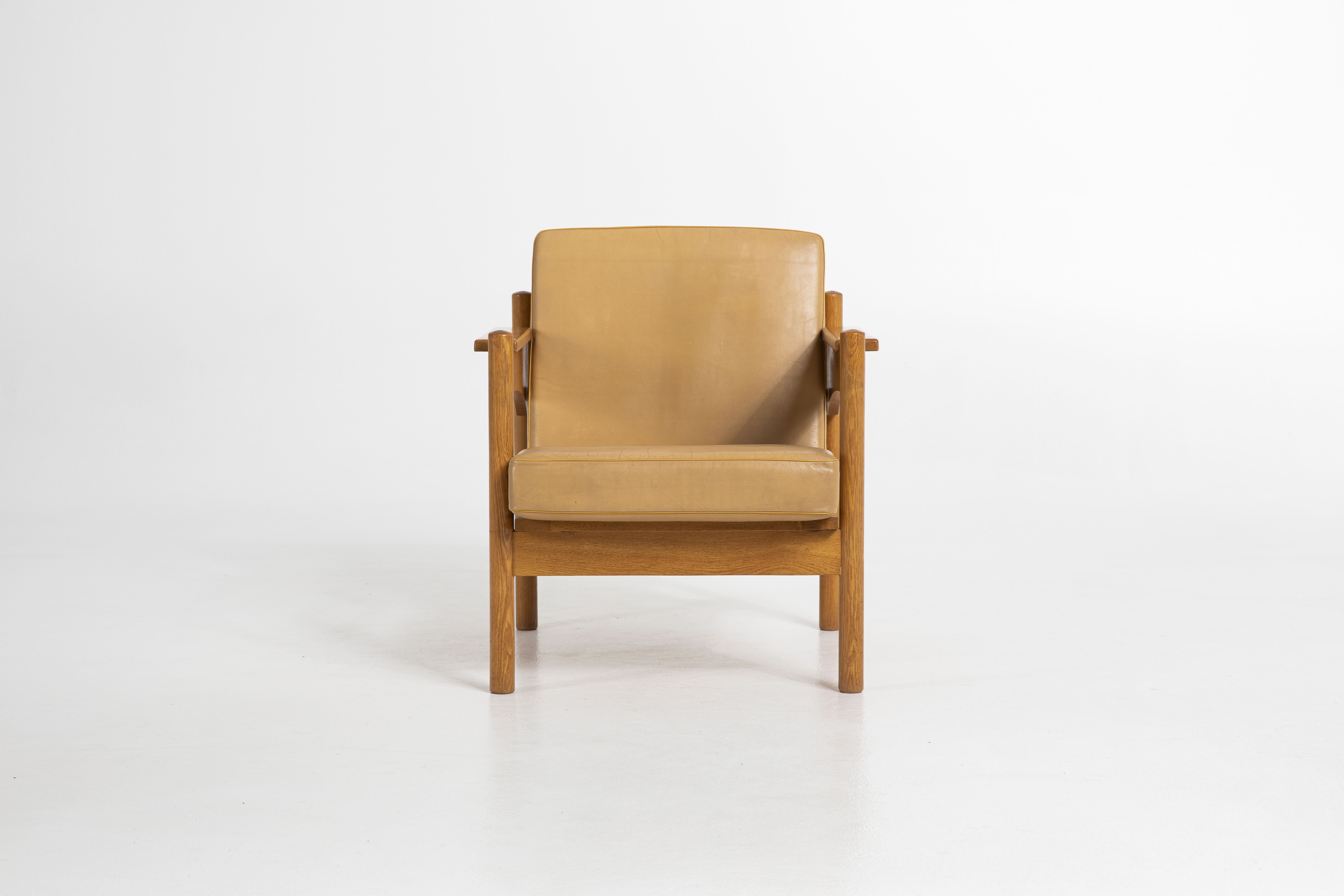 Pair of Oak and Leather Armchairs by Uluv Krasna Jizba, 1960s