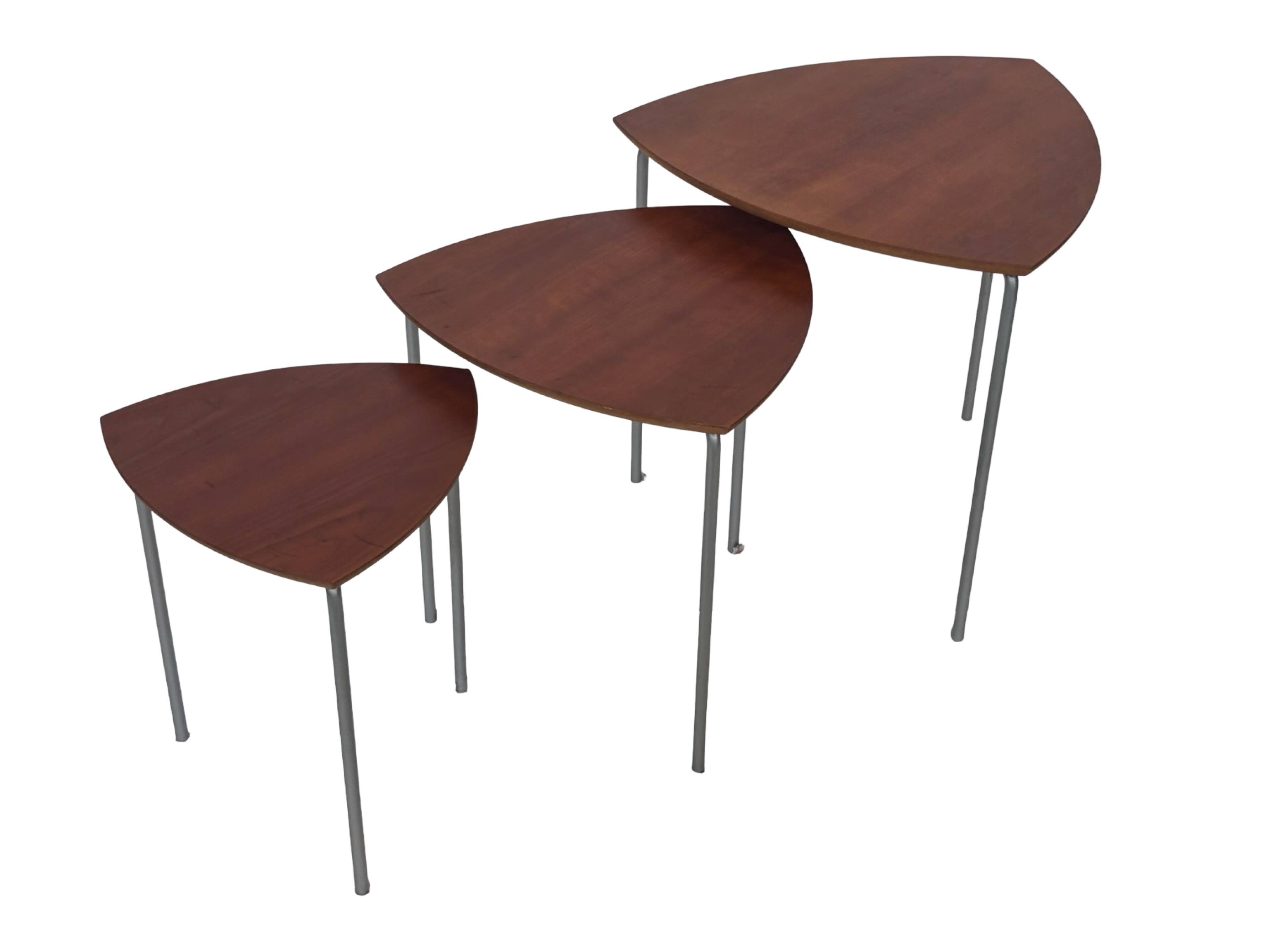 Vintage set of 3 wooden and metal side tables from the 1980s