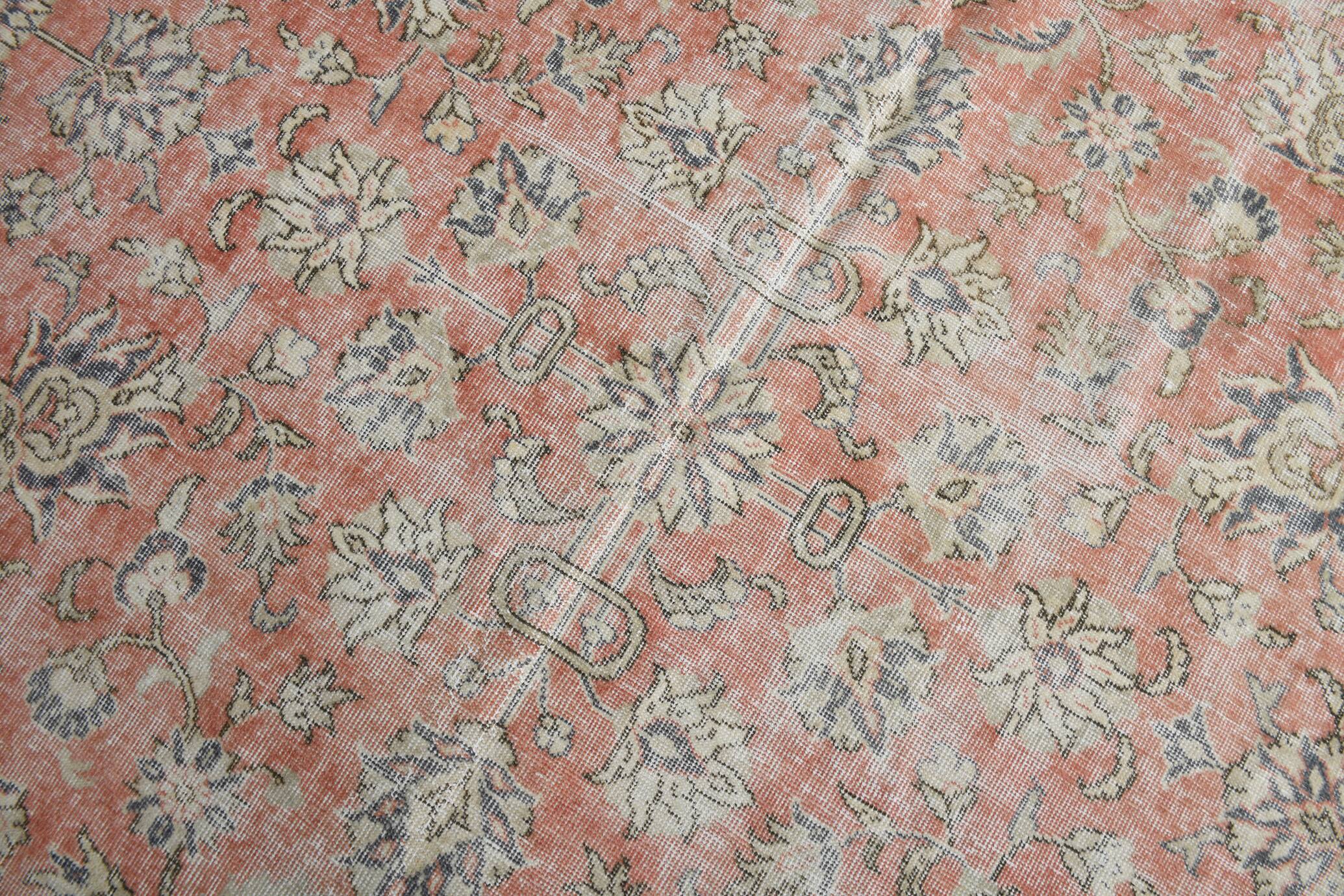 7x11 Salmon Pink & Blue Vintage Persian Rug, Large Floral Rustic Decor