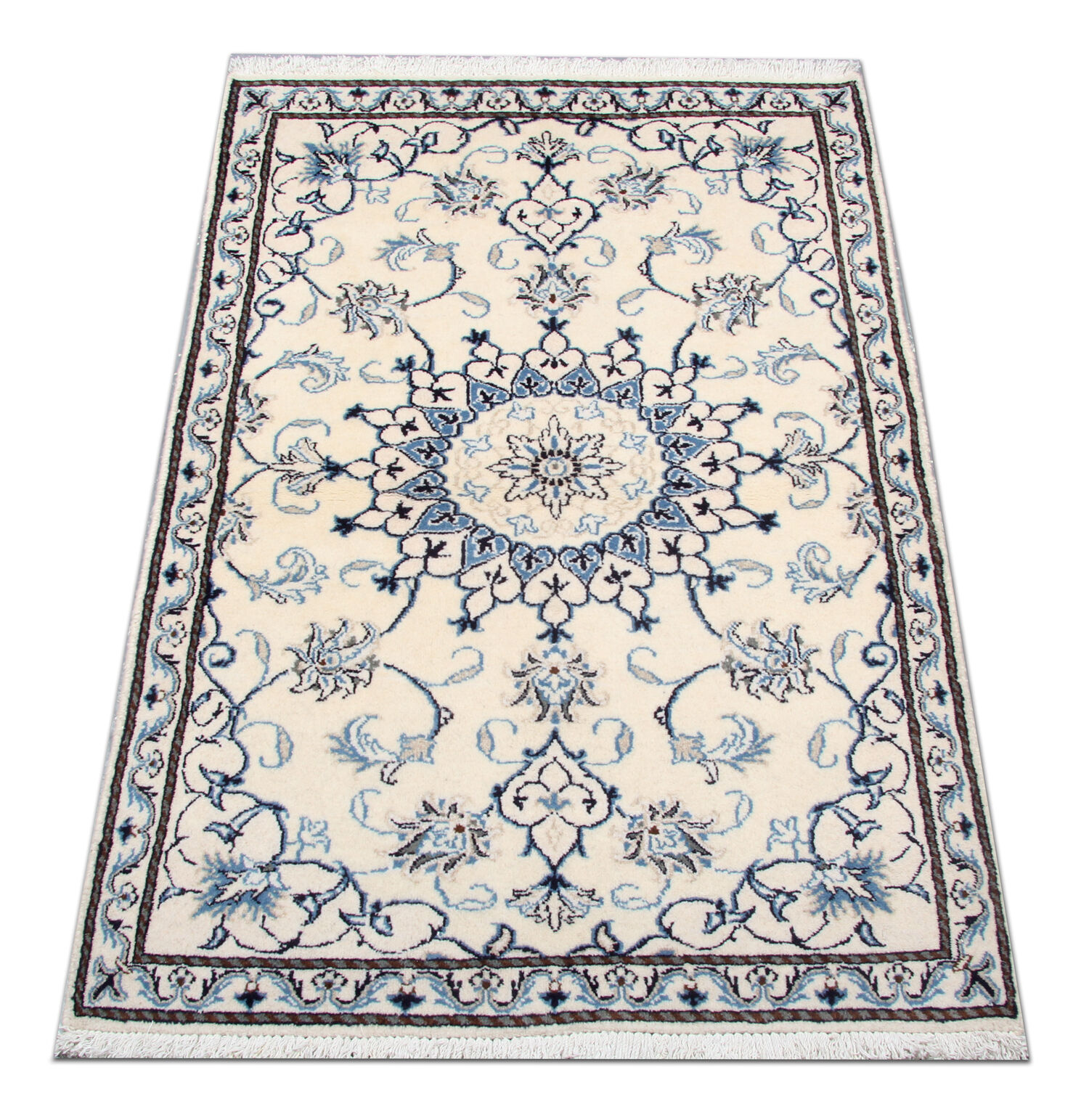 Blue cream oriental wool area rug handwoven traditional carpet- 88x131cm
