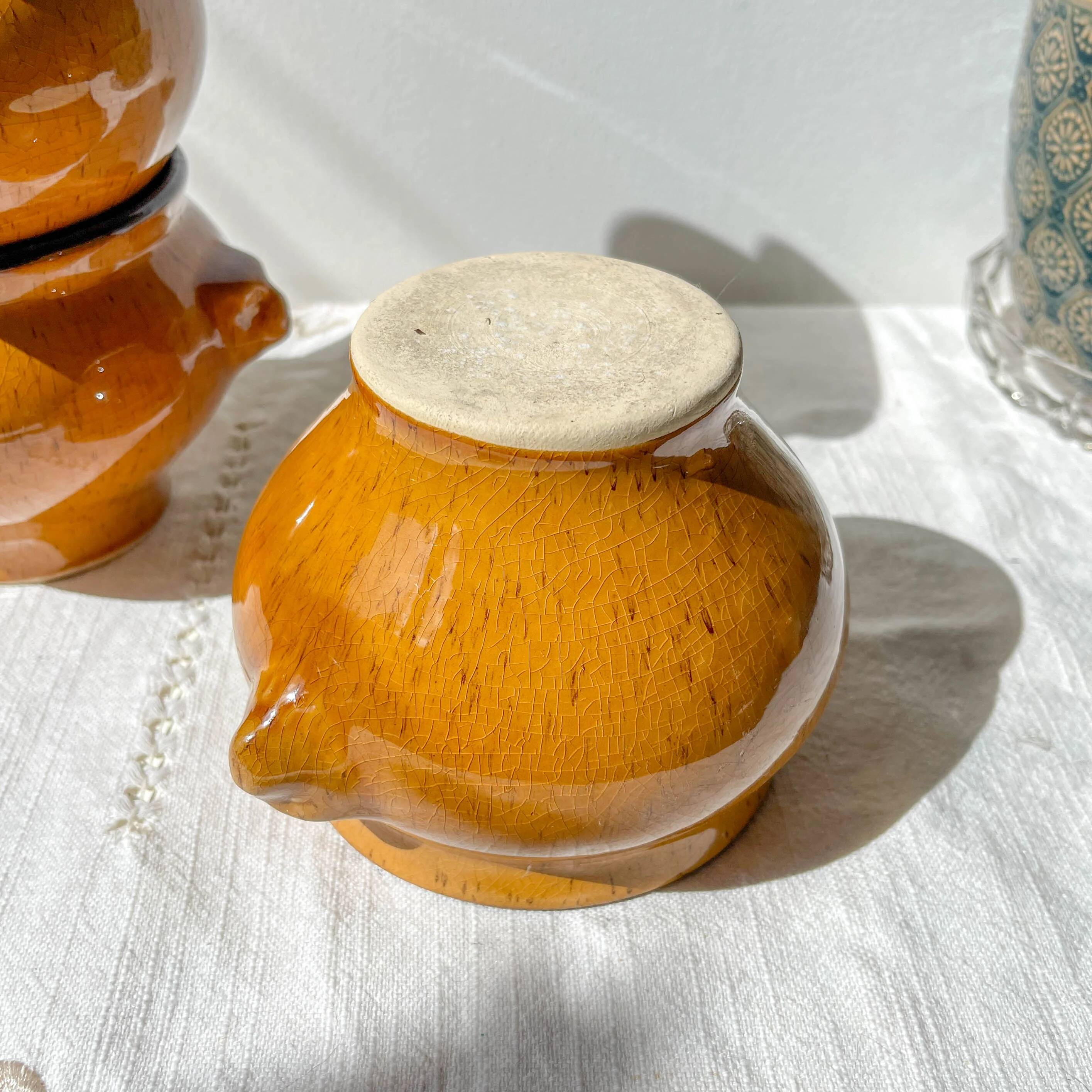 5 vintage lion head bowls in speckled ochre stoneware, Emile Henry style – Made in France