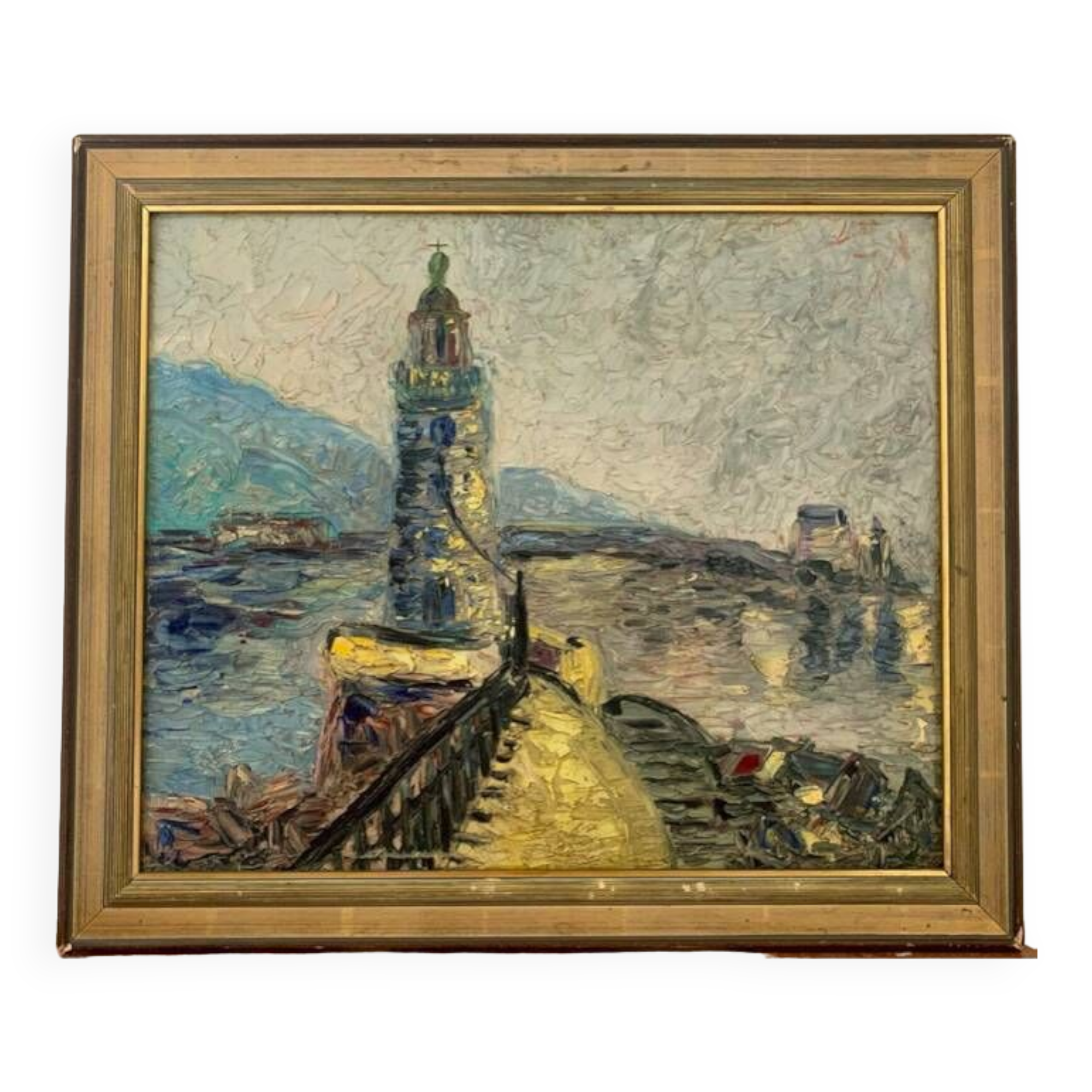 Large OIL ON WOOD representing the view of a "Lighthouse on the pier"