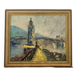 Large OIL ON WOOD representing the view of a "Lighthouse on the pier"