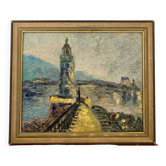 Grande huile sur bois représentant la vue d'un "phare sur la jetée"