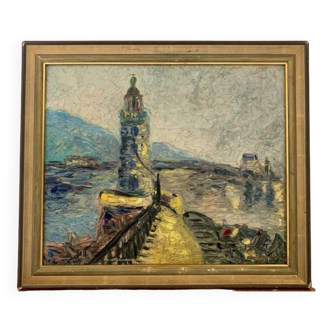 Large OIL ON WOOD representing the view of a "Lighthouse on the pier"