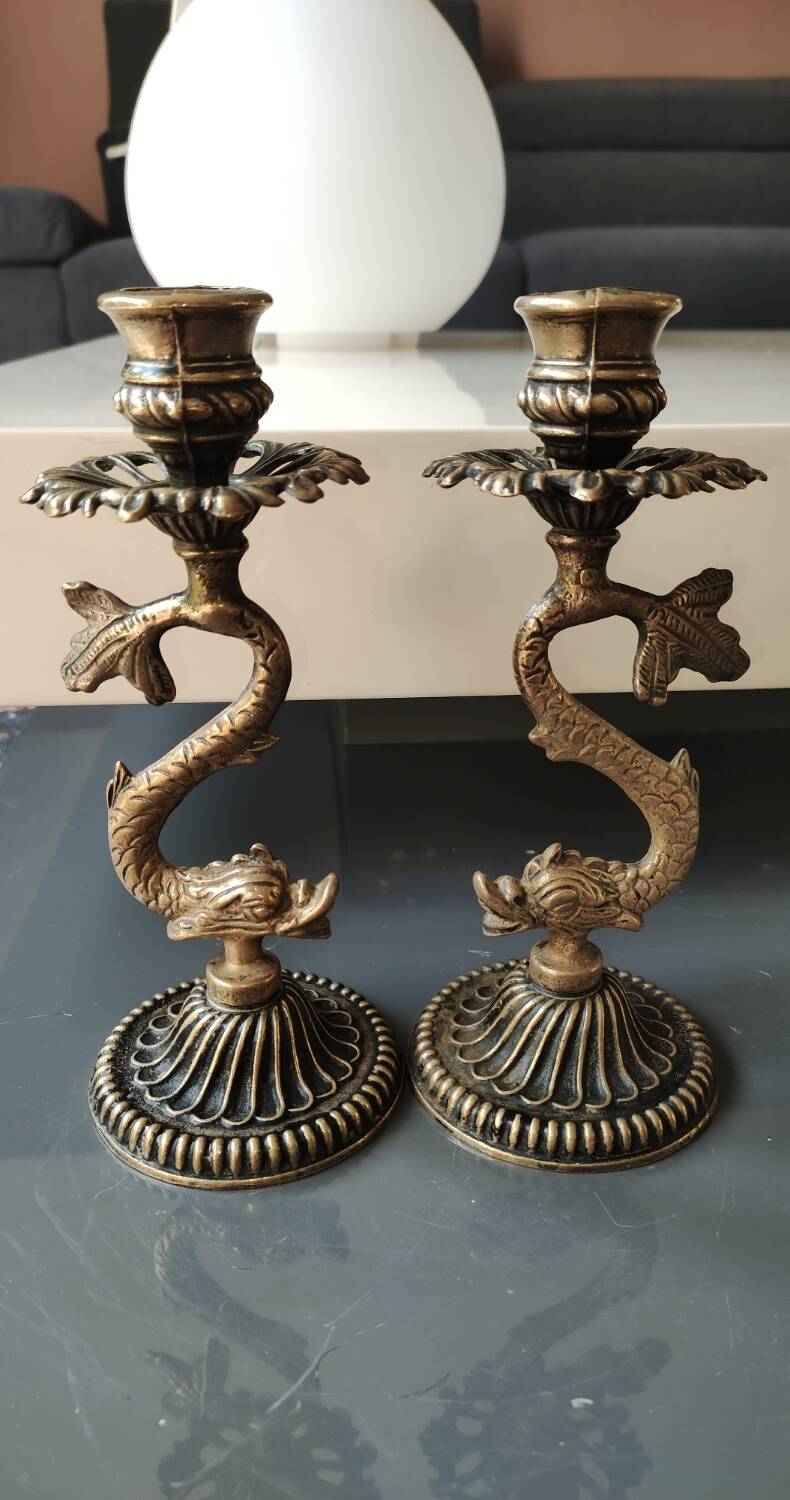 Pair of Art Nouveau style Koi Carp Candlesticks. In old gold patinated bronze.