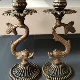 Pair of Art Nouveau style Koi Carp Candlesticks. In old gold patinated bronze.