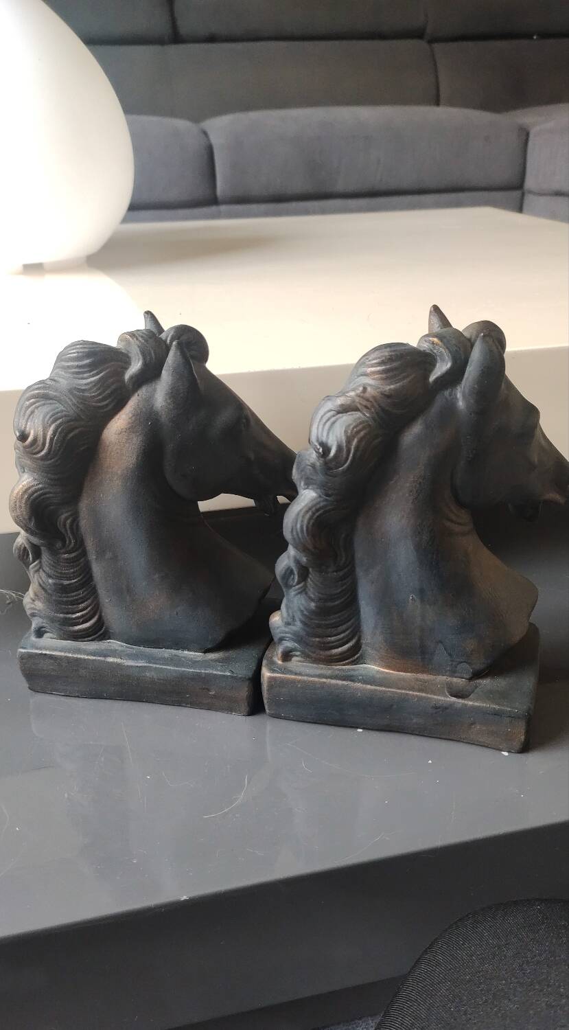Pair of Horse Bookends with Flaming Manes. Ceramic.