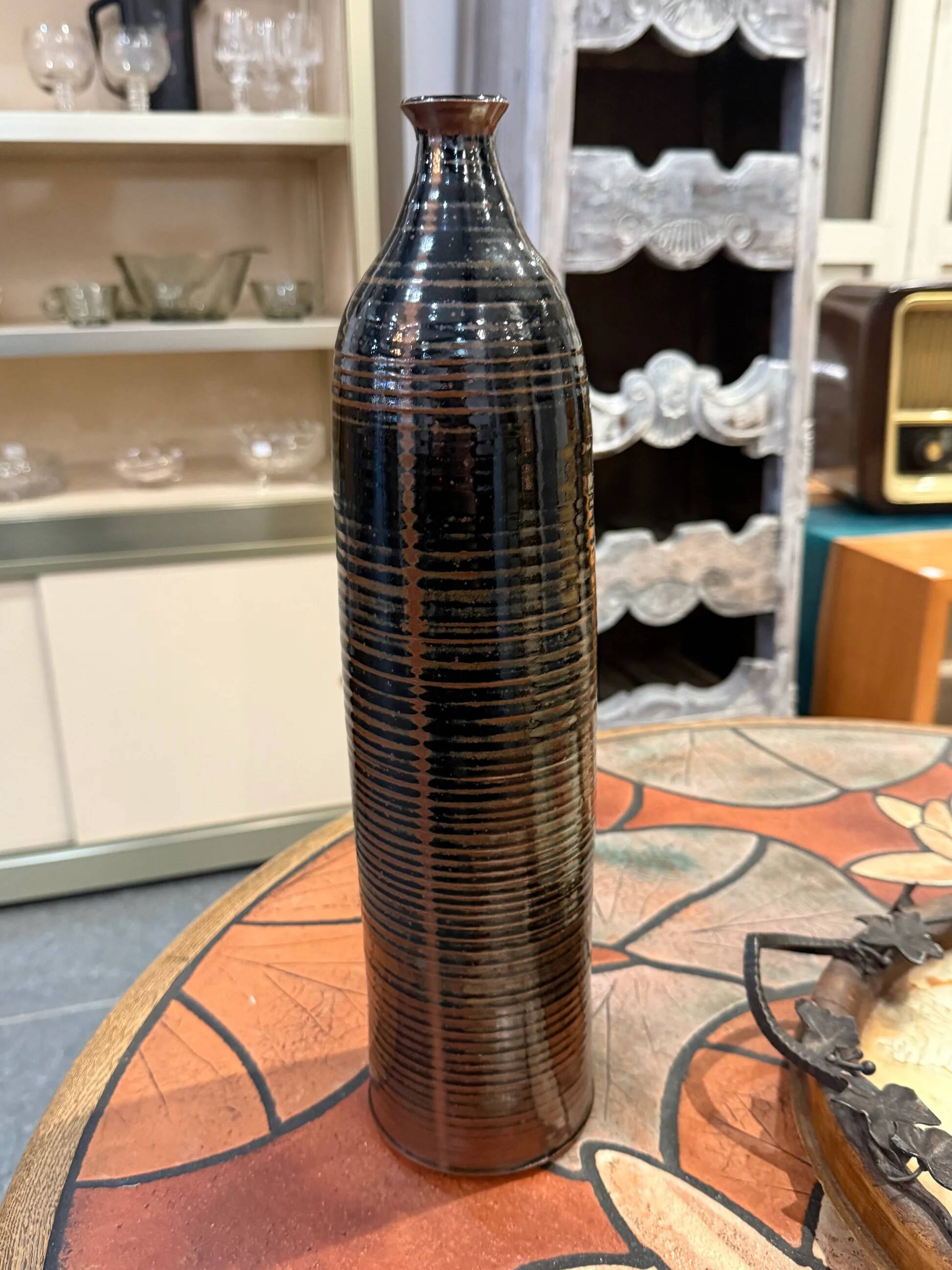 Glazed striped stoneware vase – Brown and black tones – Handmade – 1970s