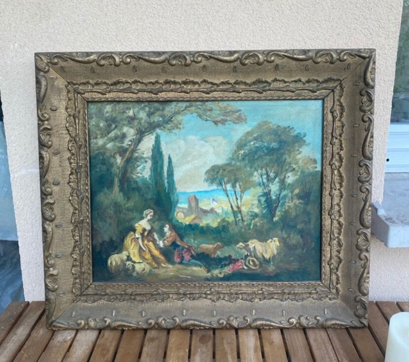 Oil painting on canvas – Pastoral scene – Boucher style – 19th century