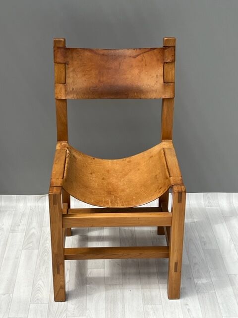 4 chaises en orme massif et cuir, Maison Regain années 70