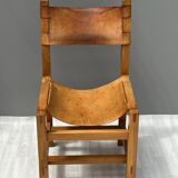 4 chairs in solid elm and leather, Maison Regain 70s