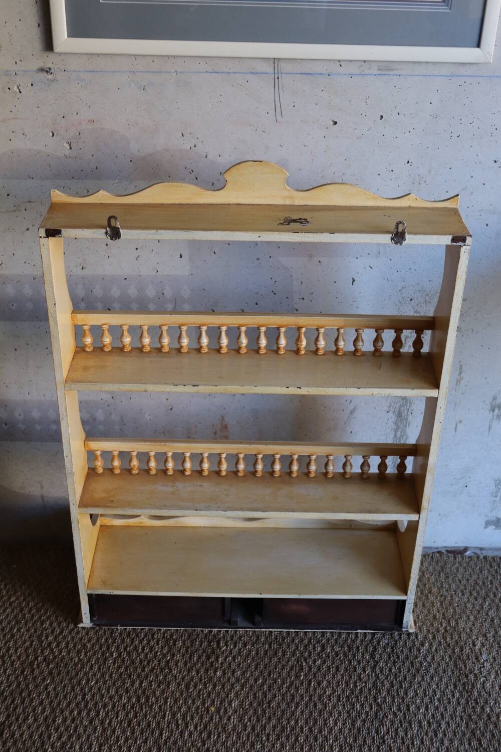 Vintage painted turned wood wall shelf