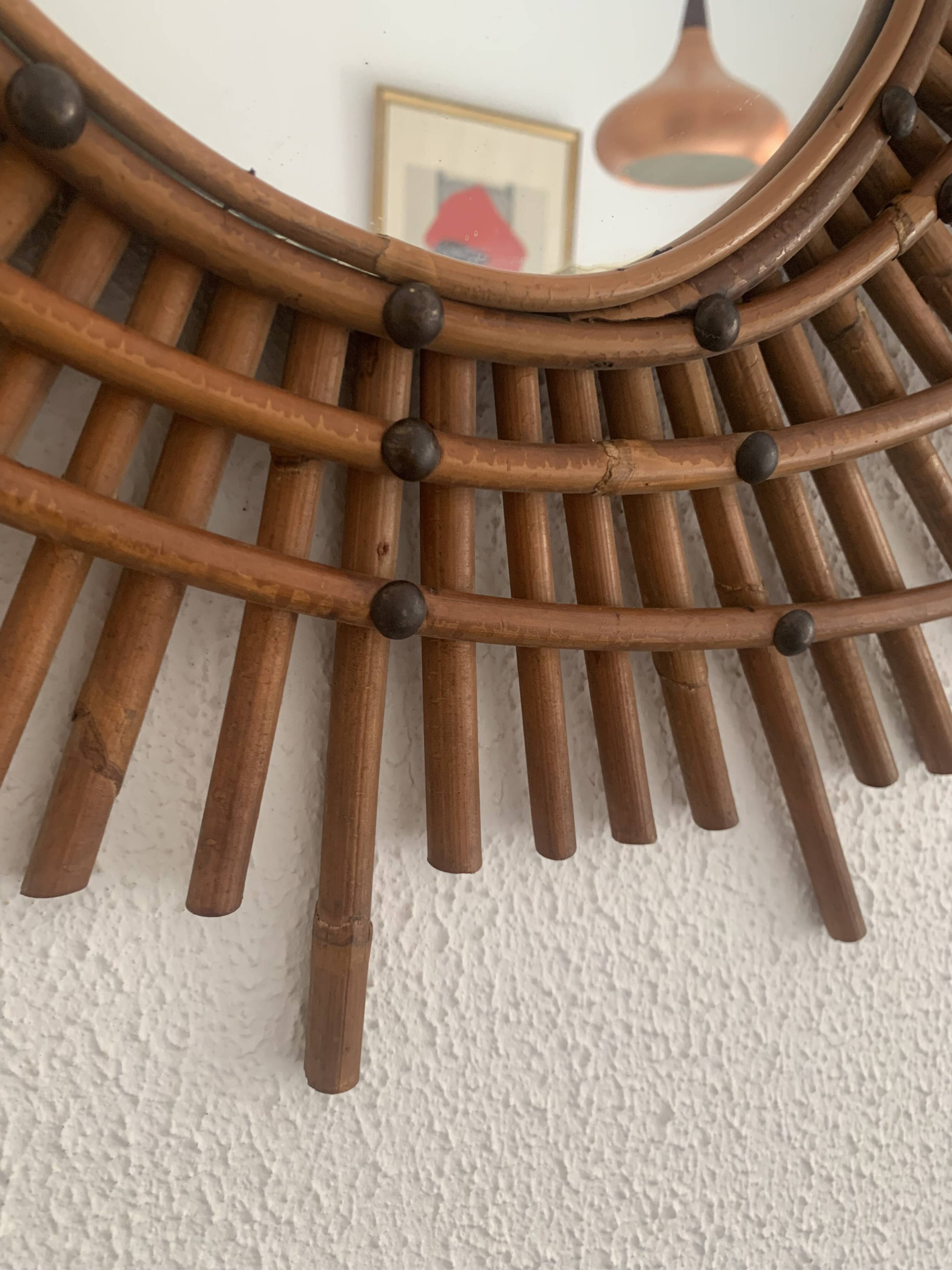 Vintage 1960s rattan sun mirror spiral - 80 x 62 cm