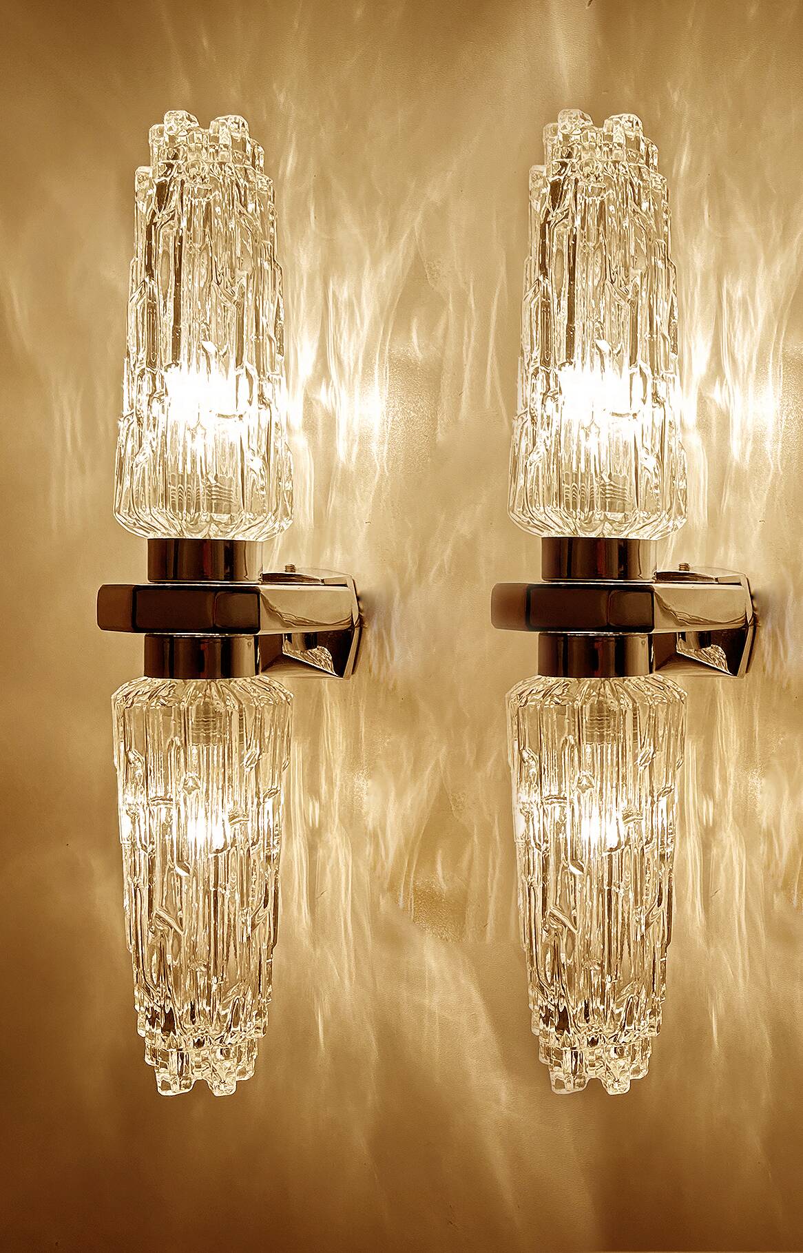 Pair of large vintage chrome glass wall lights