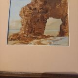 Tableau ancien, aquarelle représentant une falaise en bord de mer