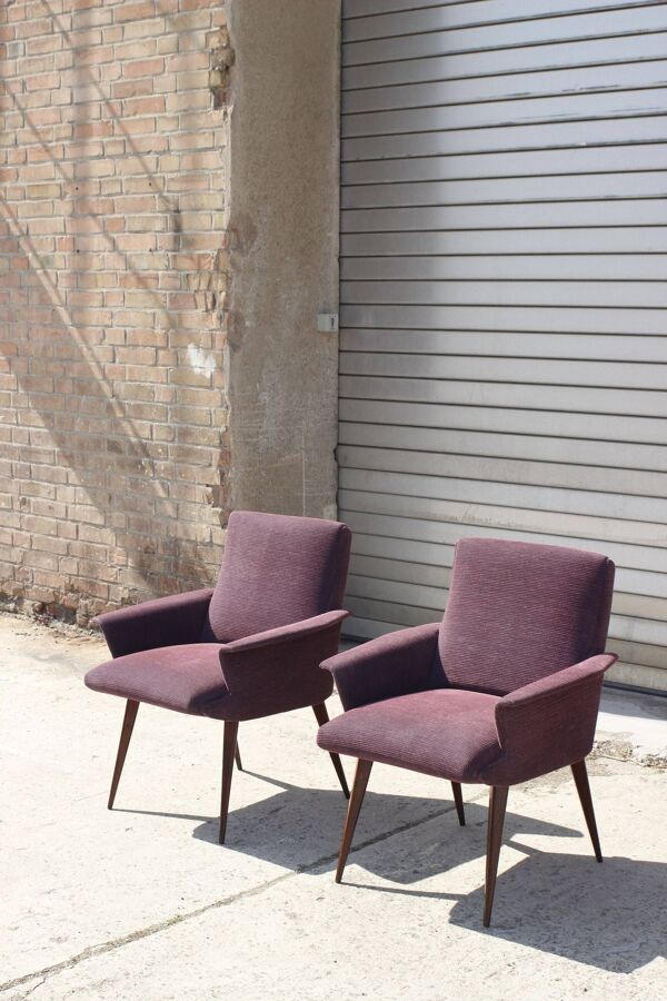Paire de fauteuils vintage pied compas velours violet 1950s