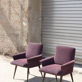 Pair of vintage purple velvet compass foot armchairs 1950s
