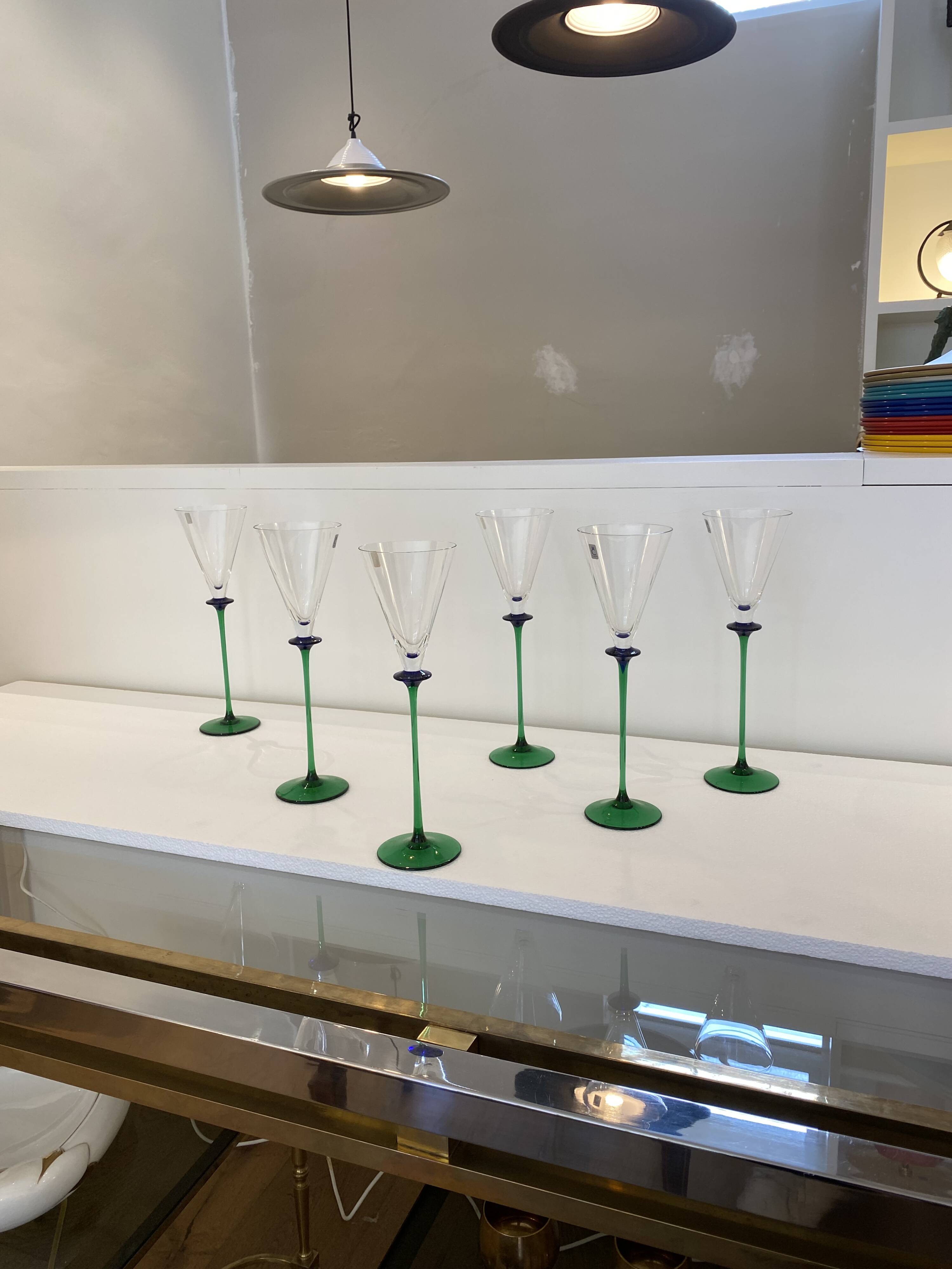 A Set of 6 Hand-blown Emerald Green Cobalt Blue Stem Champagne Flutes Art