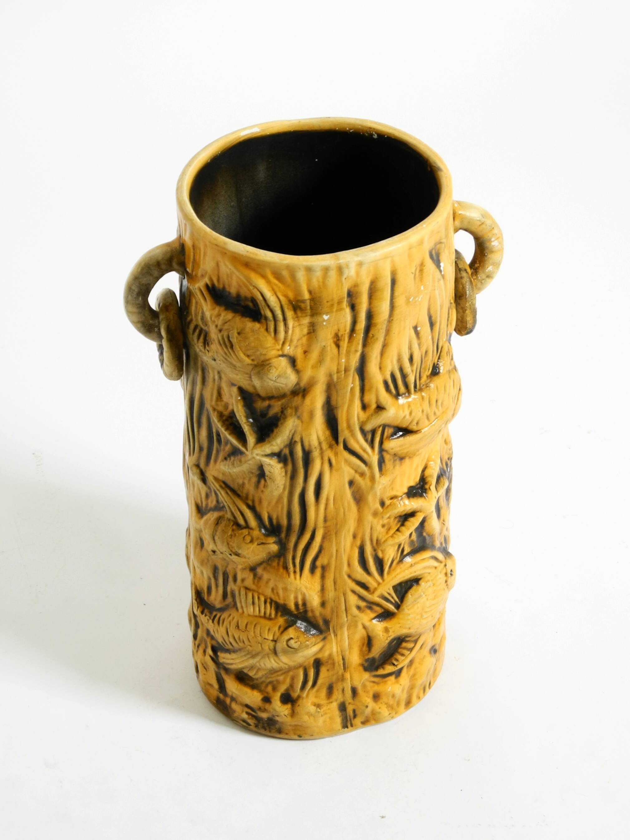 Large handmade glazed ceramic floor vase, handled vase with maritime motifs