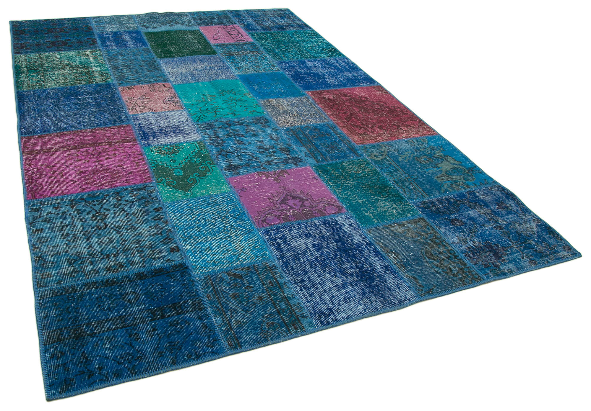 Handmade turkish overdyed 205 cm x 300 cm blue patchwork rug