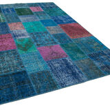 Handmade turkish overdyed 205 cm x 300 cm blue patchwork rug
