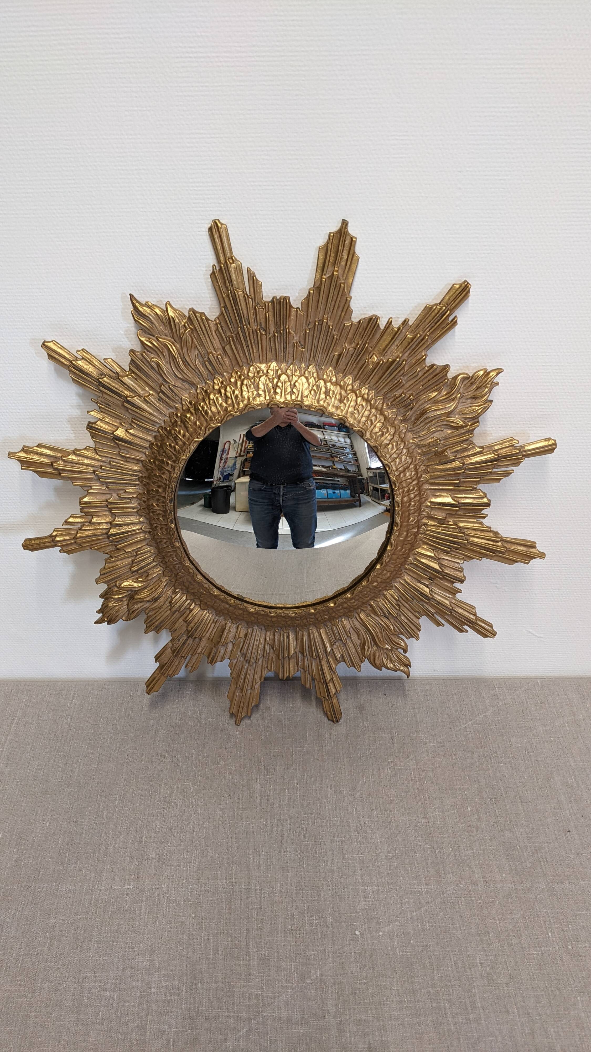 XL witch's eye sun mirror in gilded metal, Italy circa 1970
