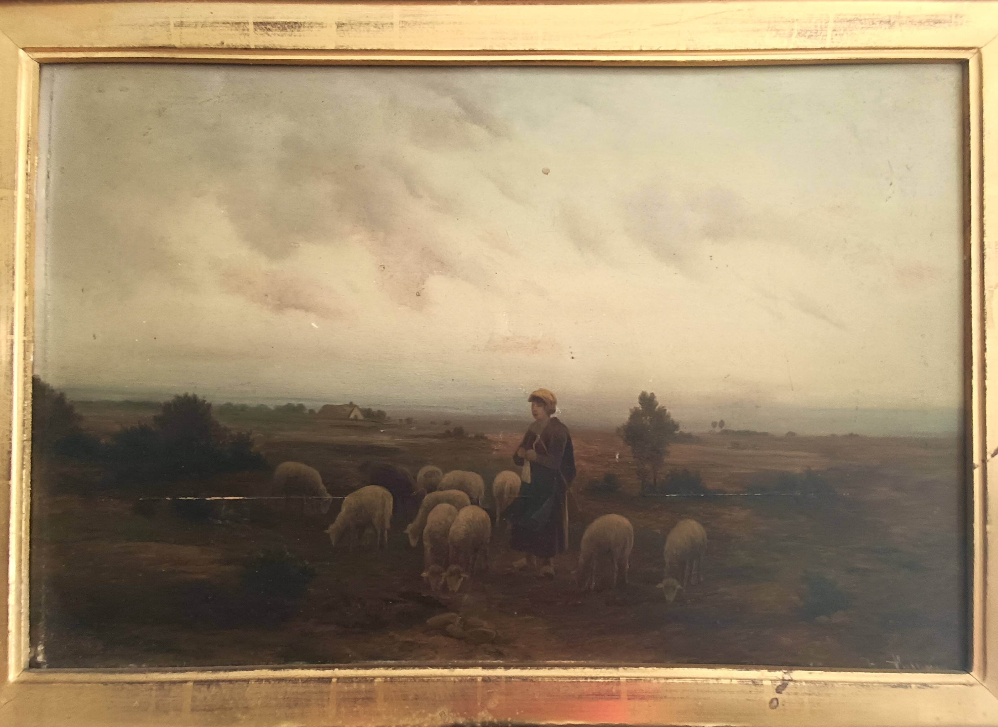 Hermann solbrig (1853-1942) painting, oil on panel, shepherdess and her troupe